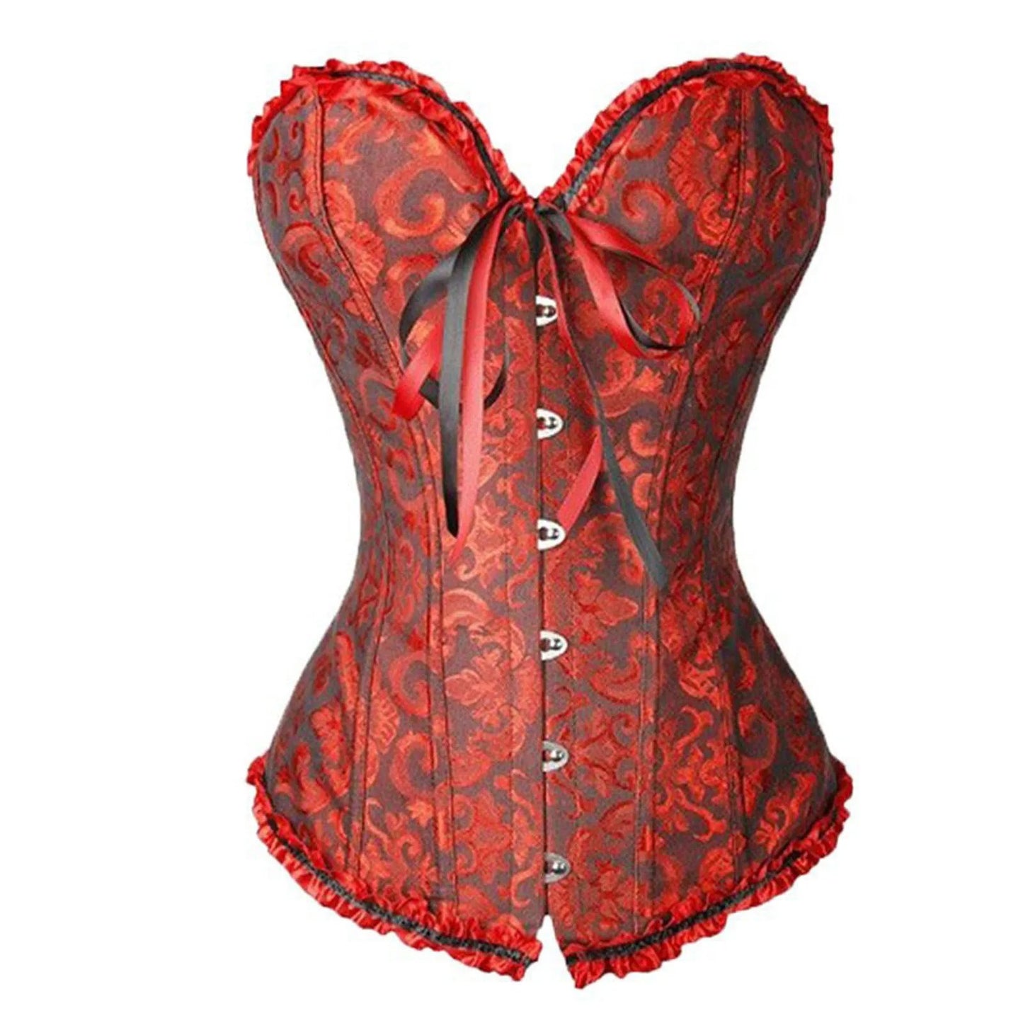 Red Brocade Ruffle Overbust Burlesque Corset