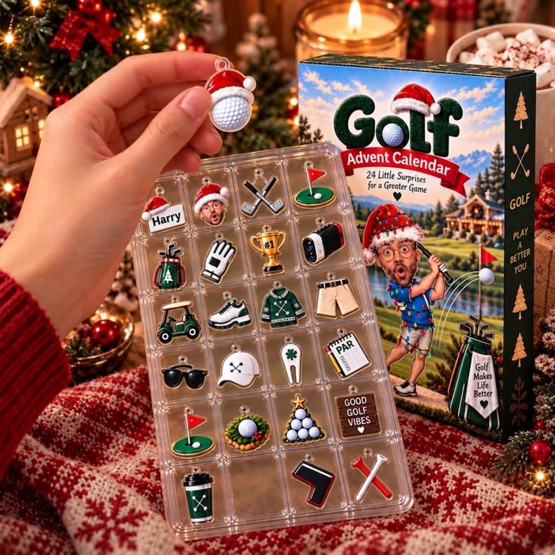 Golf Advent Calendar, Personalized Christmas Gift for Golfer, Custom Name Photo Keychain, 24 Day Gift for Dad Husband Boyfriend Golf Lover