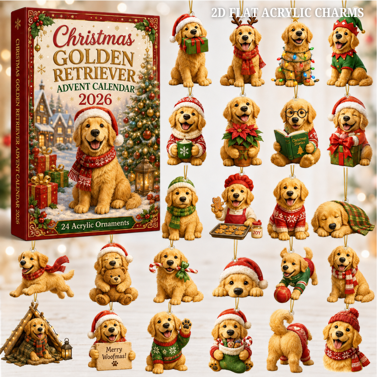 Christmas Golden Retriever Advent Calendar 2026 - 24-Day Festive Countdown, Acrylic Charms Blind Box - Gift For Golden Retriever Lovers