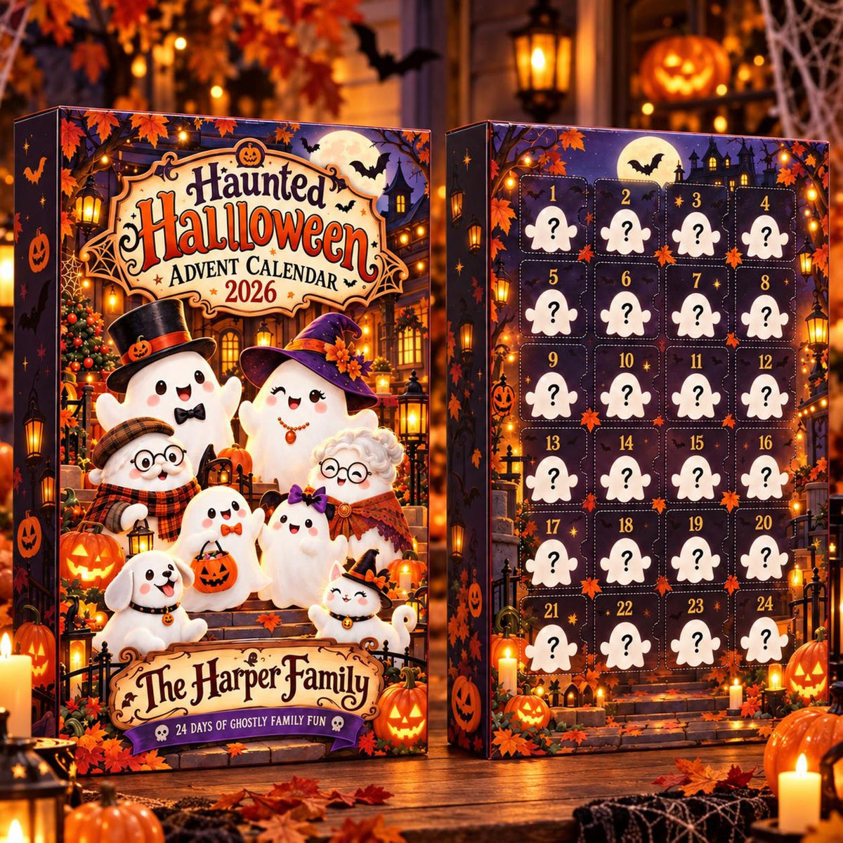 Personalized Halloween Advent Calendar, Custom Family Ghosts, 24 Acrylic Charm Ornaments, Cute Spooky Family Countdown Gift