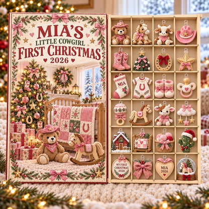 Personalized Baby First Christmas Advent Calendar 2026, Custom 24 Day Countdown Box, Little Cowgirl Acrylic Ornament Set,Baby Girl Xmas Gift