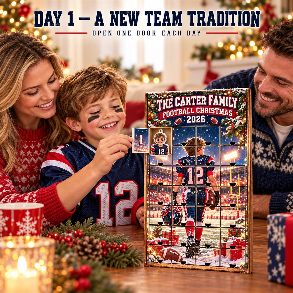 Personalized Football Advent Calendar with 24 Custom Photo Acrylic Ornaments, Player Number Christmas Gift for Football Family and Coach