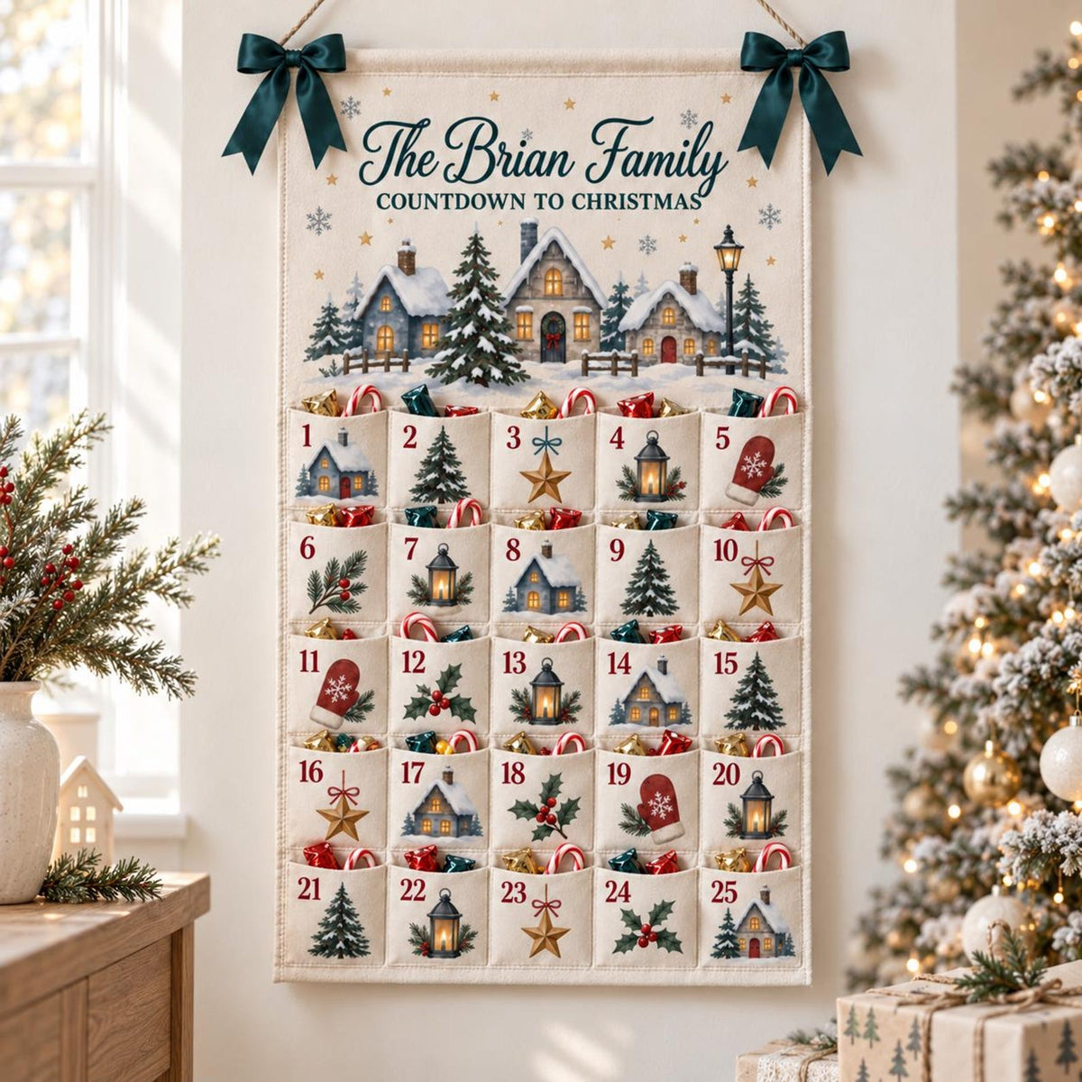 Personalized Christmas Advent Calendar, Winter Village Canvas Wall Hanging with 25 Pockets, Reusable Family Name Countdown and Holiday Decor