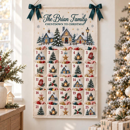 Personalized Christmas Advent Calendar, Winter Village Canvas Wall Hanging with 25 Pockets, Reusable Family Name Countdown and Holiday Decor