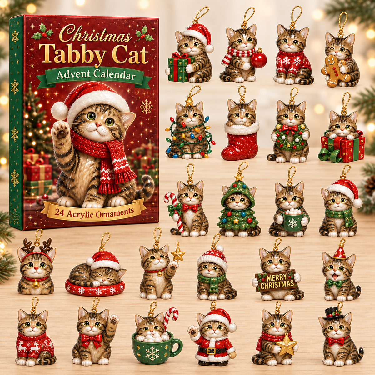 Christmas Tabby Cat Advent Calendar 2026 - 24-Day Festive Countdown, Acrylic Charms Blind Box - Gift For Cat Lovers