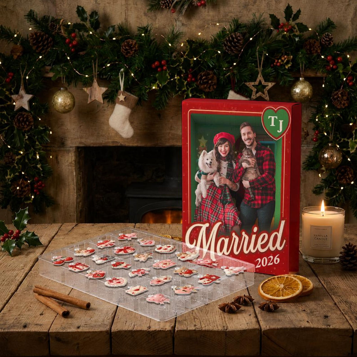 Personalized Married Couple Advent Calendar, 24 Acrylic Charms, Custom Photo Keepsake, Wedding Holiday Gift