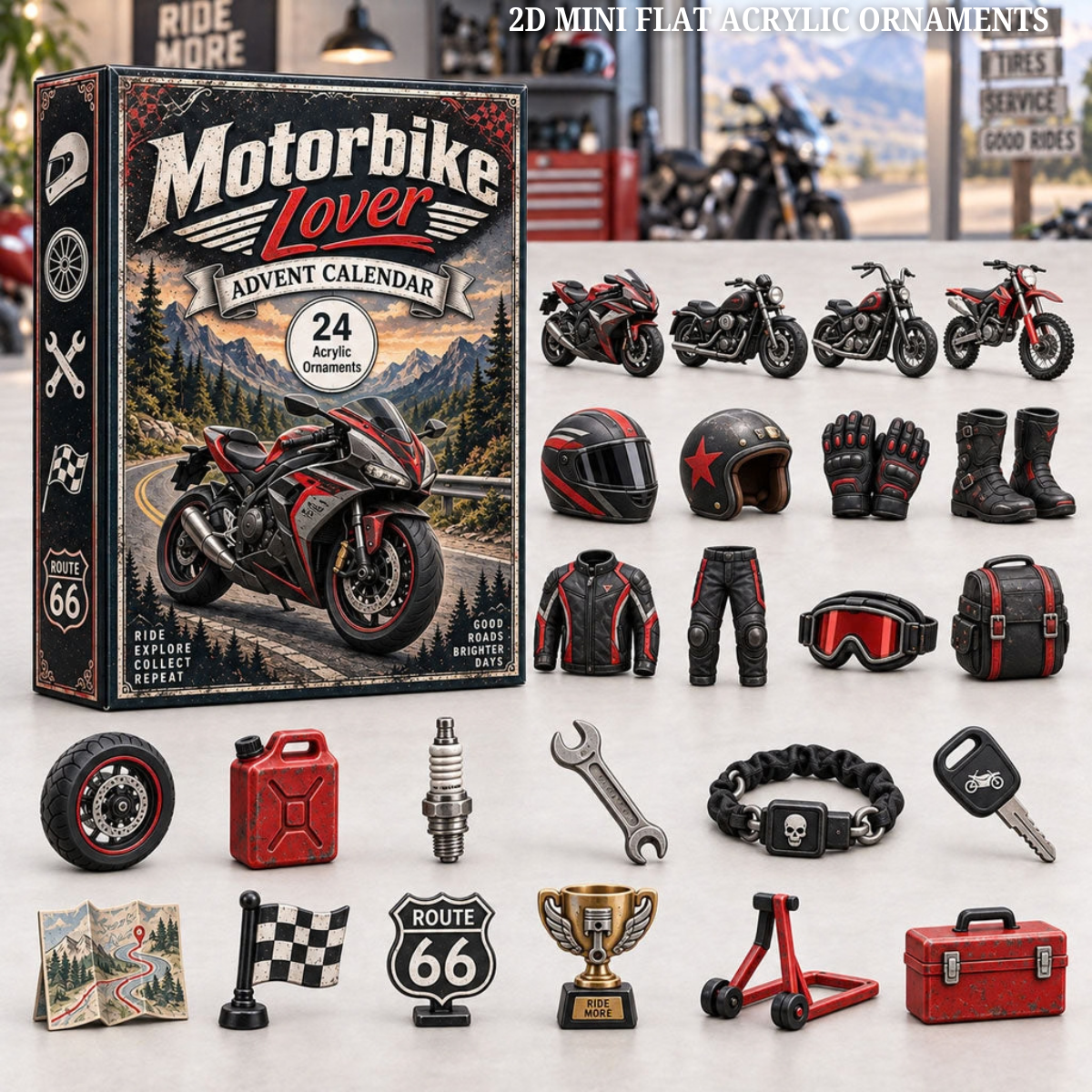 Motorbike Lover Advent Calendar 2026 - 24-Day Festive Countdown, Acrylic Charms Blind Box - Gift For Outdoor Hobby Lovers