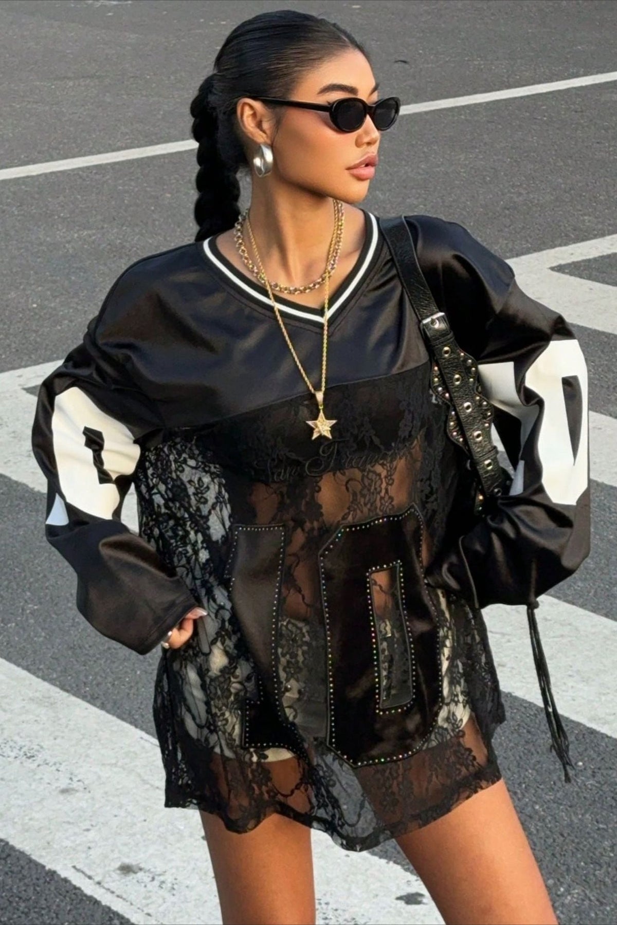 Lace Sheer V Neck Print Sweatshirt