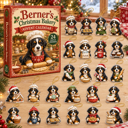 Berner's Christmas Bakery Advent Calendar 2026 - 24-Day Festive Countdown, Acrylic Charms Blind Box - Gift For Bernese Mountain Dog Lovers