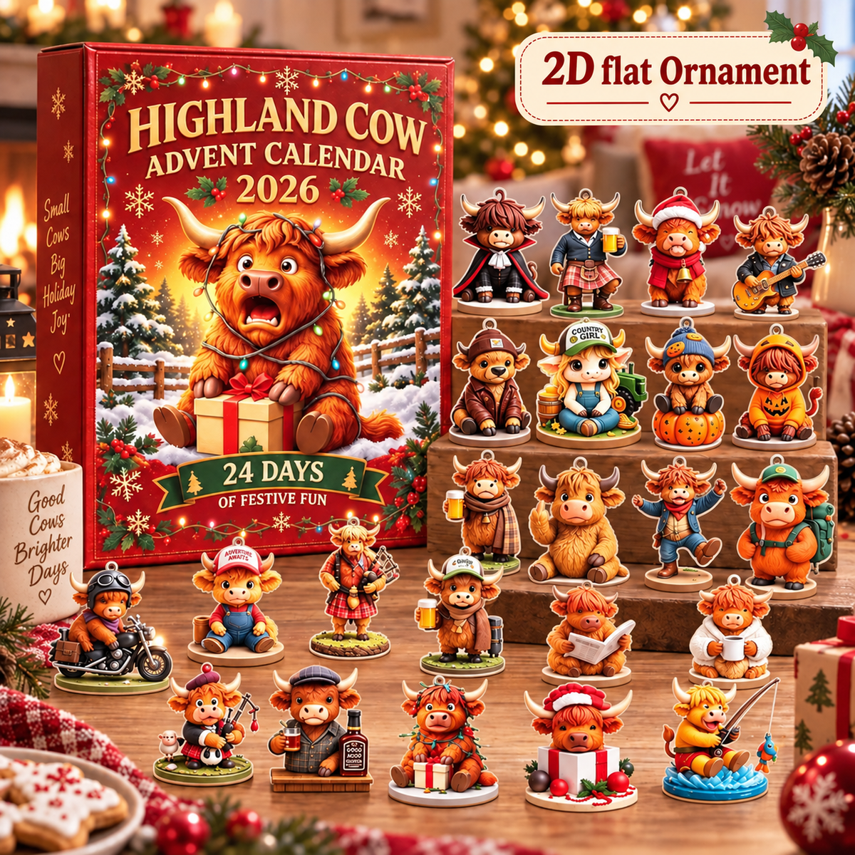 Highland Cow Advent Calendar 2026 24 Days Christmas Countdown 3D Collectible Ornament Farmhouse Holiday Decor Gift for Cow Lovers