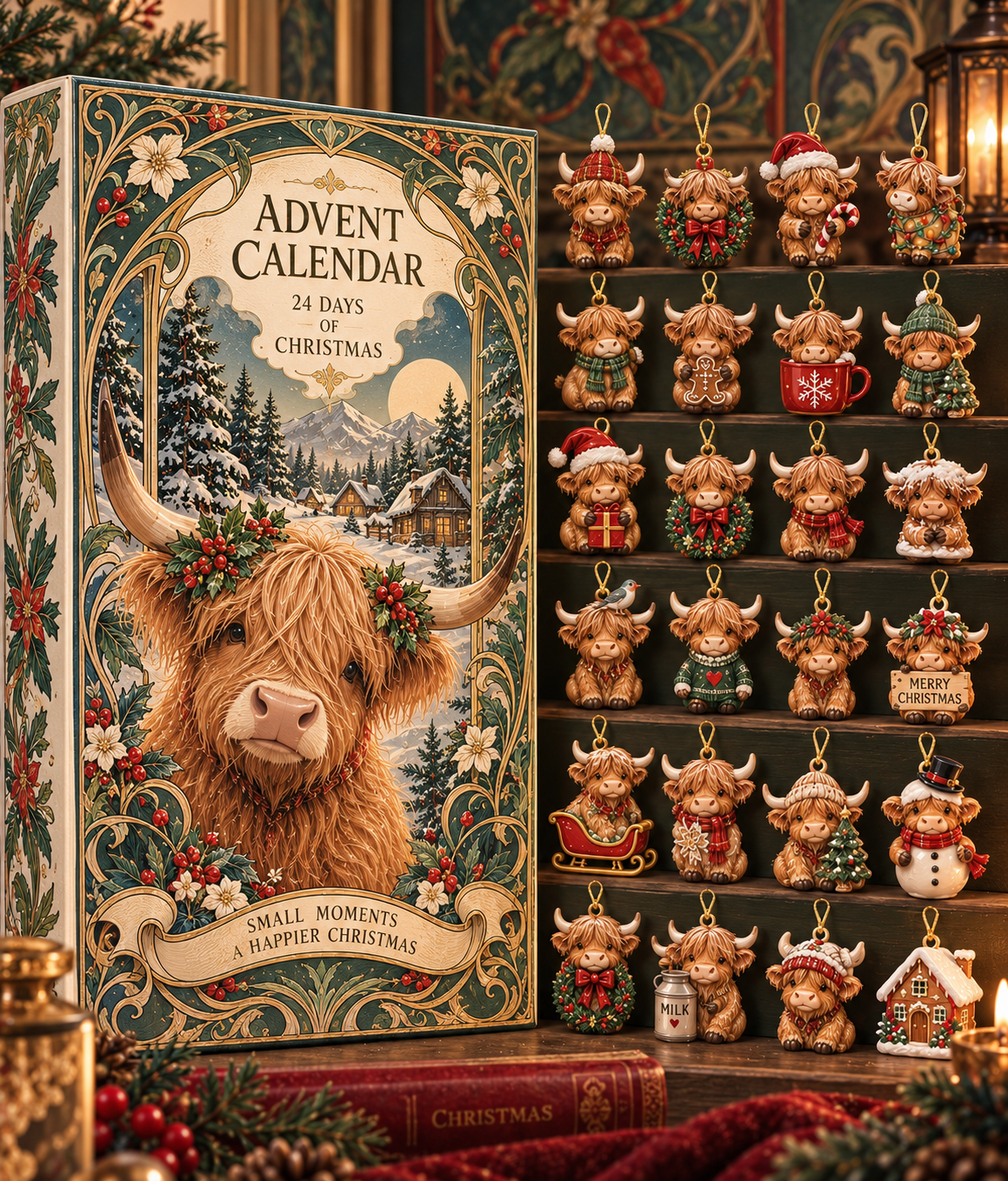 Highland Cow Christmas Advent Calendar 2026, 24-Day Holiday Countdown with 24 Hanging Cow Charms, Art Nouveau Christmas Gift