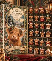 Highland Cow Christmas Advent Calendar 2026, 24-Day Holiday Countdown with 24 Hanging Cow Charms, Art Nouveau Christmas Gift