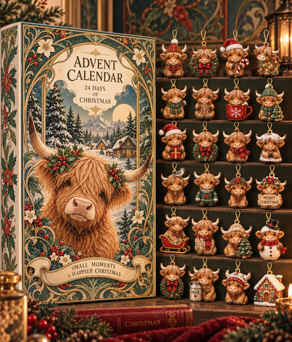 Highland Cow Christmas Advent Calendar 2026, 24-Day Holiday Countdown with 24 Hanging Cow Charms, Art Nouveau Christmas Gift