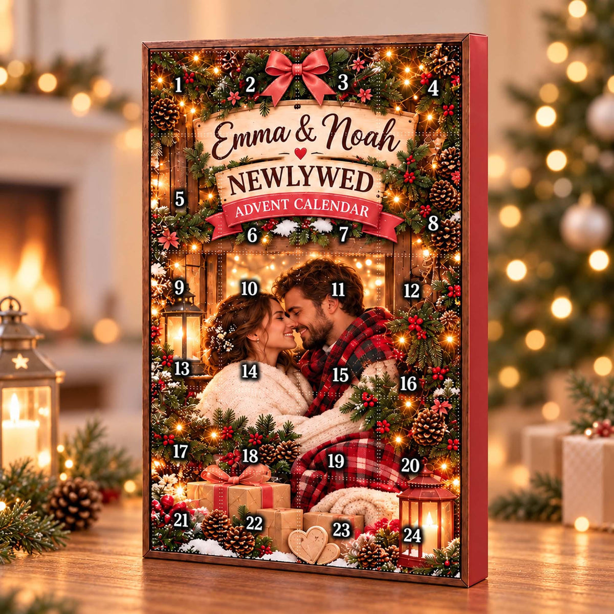 Personalized Newlywed Christmas Advent Calendar 2026, Custom Couple Name Blind Box, 24 Day Countdown Mr Mrs Xmas Ornament Set for Couples