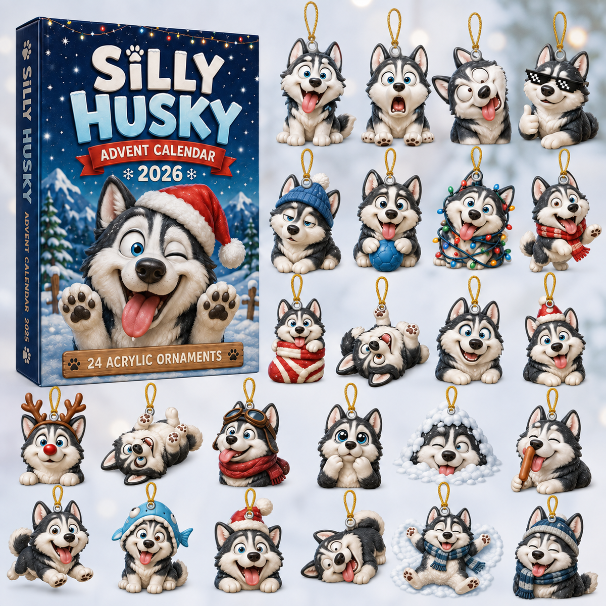 Silly Husky Advent Calendar 2026 - 24-Day Festive Countdown, Acrylic Charms Blind Box - Gift For Husky Lovers