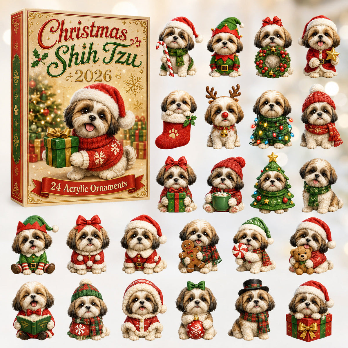 Christmas Shih Tzu Advent Calendar 2026 - 24-Day Festive Countdown, Acrylic Charms Blind Box - Gift For Shih Tzu Lovers