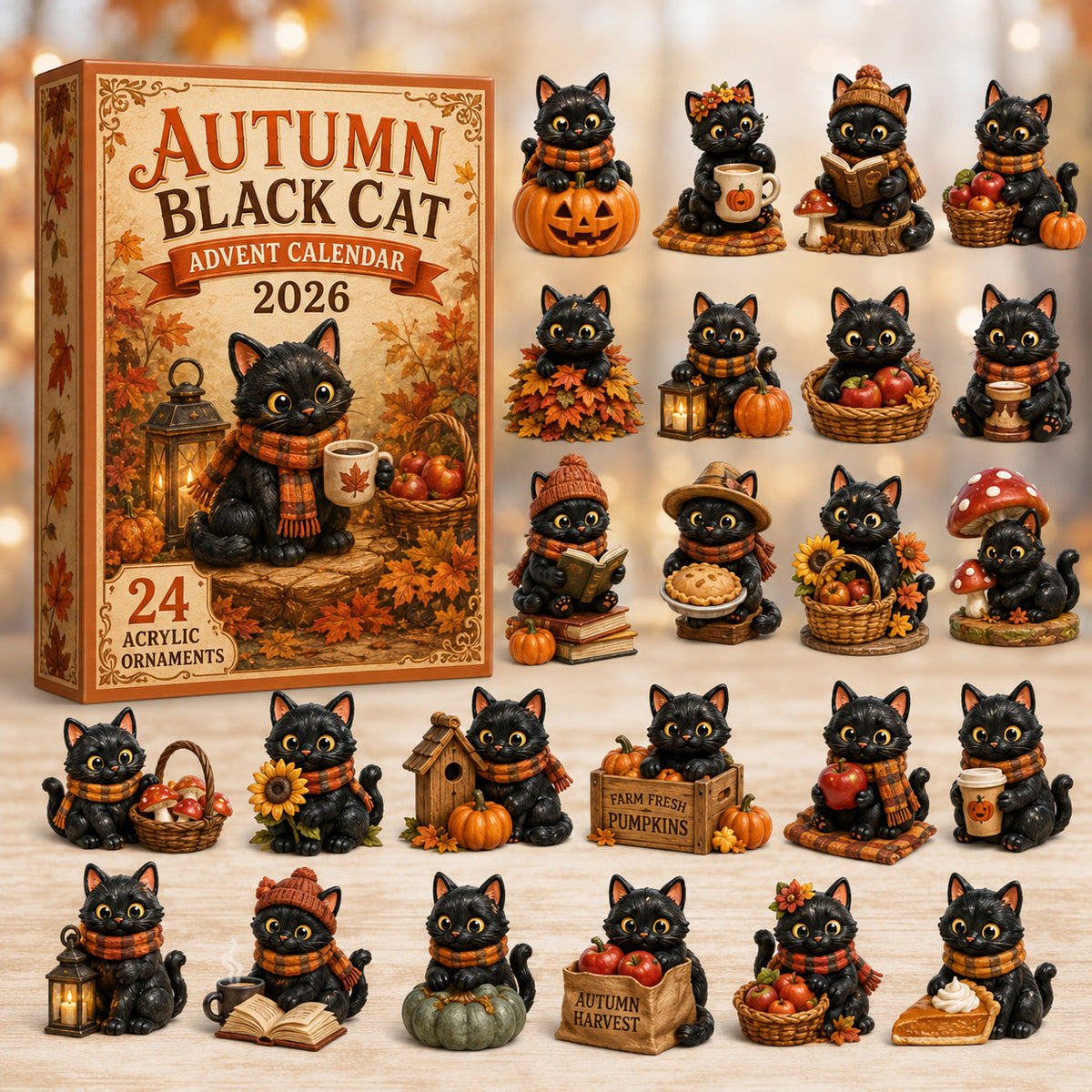 Autumn Black Cat Advent Calendar 2026 - 24-Day Festive Countdown, Acrylic Charms Blind Box - Gift For Black Cat Lovers