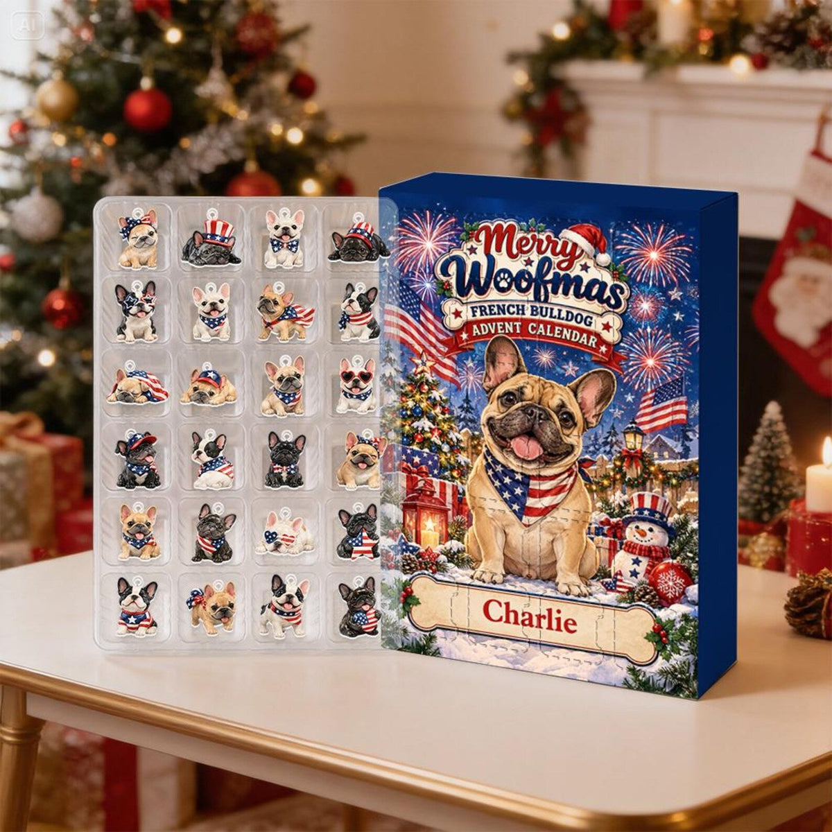 French Bulldog Advent Calendar, 24 Acrylic Charms, Personalized Dog Name, Daily Countdown Collectible Set