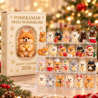 Pomeranian Christmas Advent Calendar 2026, 24 Acrylic Dog Ornaments Countdown Box, Dog Lover Gift & Decor