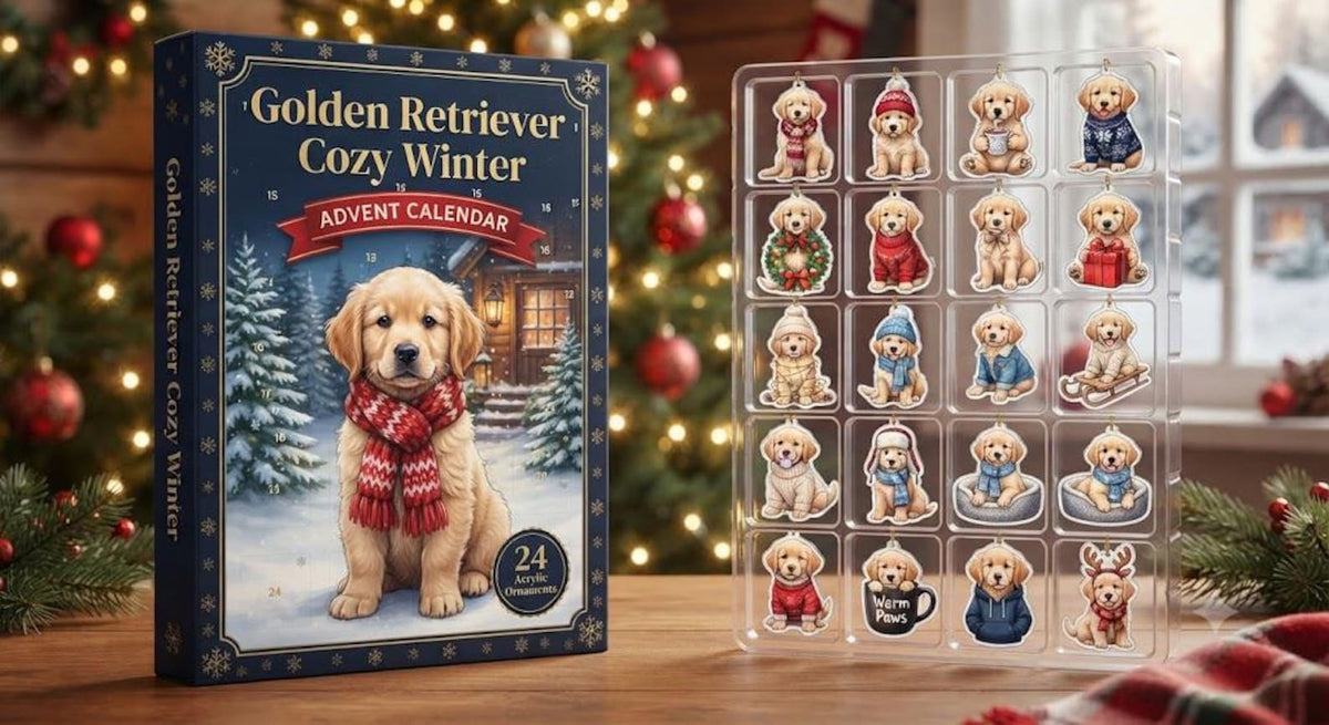 Cozy Winter Golden Retriever Calendar, 24 Acrylic Dog Ornaments, Christmas Countdown Gift Box, Dog Mom Holiday Decor