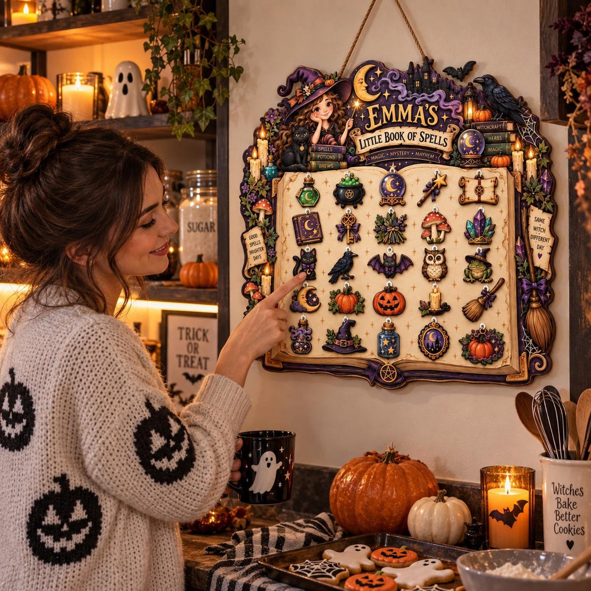 Personalized Wooden Halloween Advent Calendar: Hanging Witchy Charms