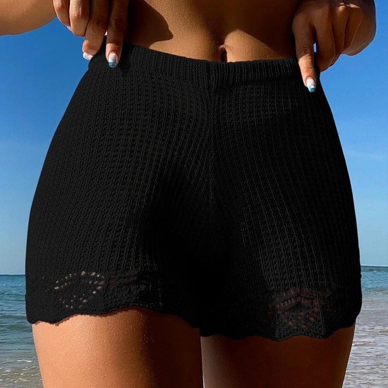 White Crochet High-Waist Knit Beach Shorts