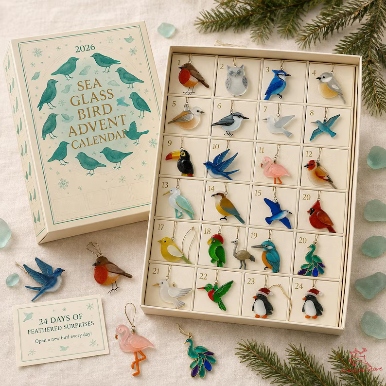 Sea Bird Advent Calendar 2026, 24 Acrylic Ornaments Christmas Countdown Box, Unique Bird Lover Gift