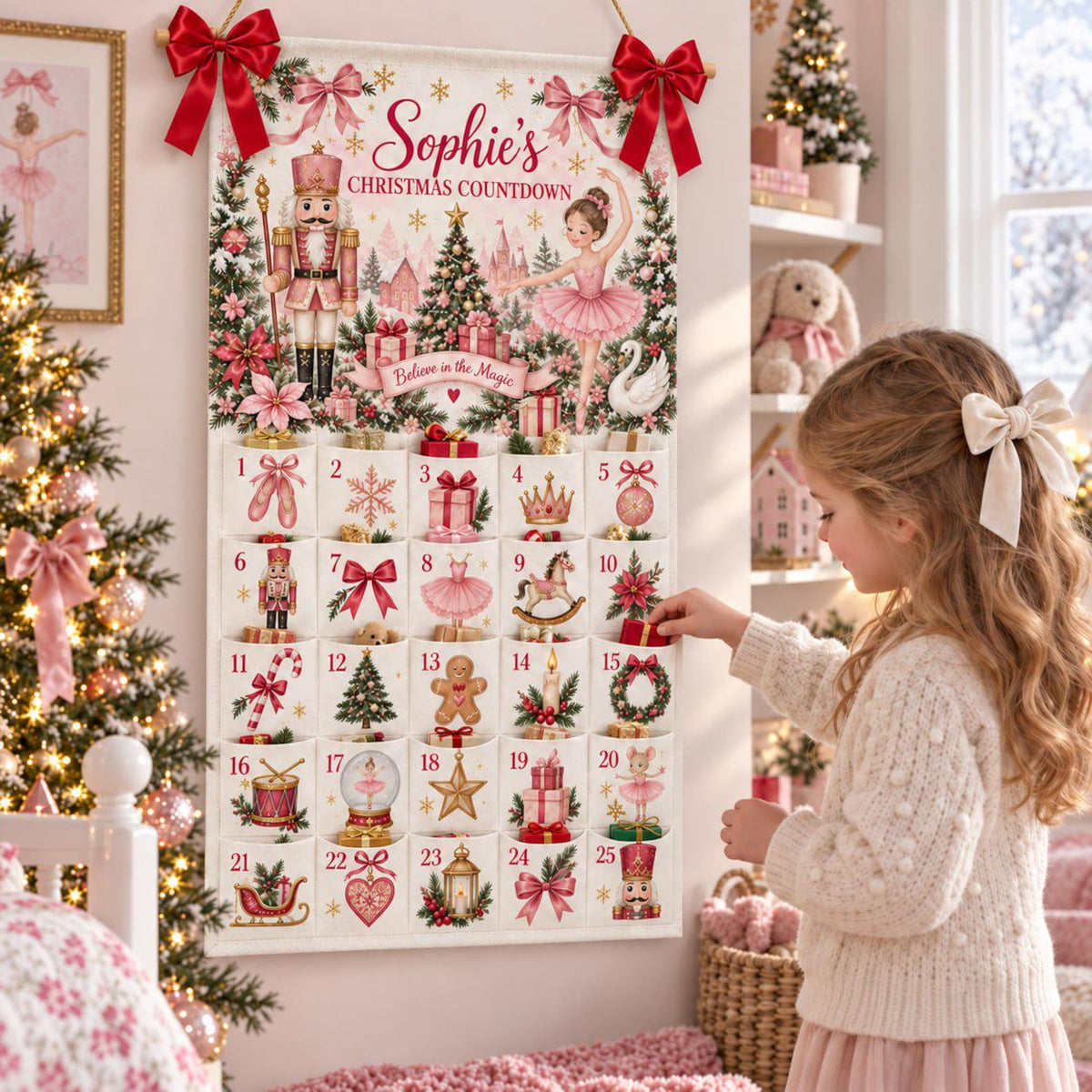 Personalized Reusable Fabric Advent Calendar, Pink Nutcracker Christmas Countdown, Custom Name 25 Pocket Advent Calendar, Kids Holiday Decor