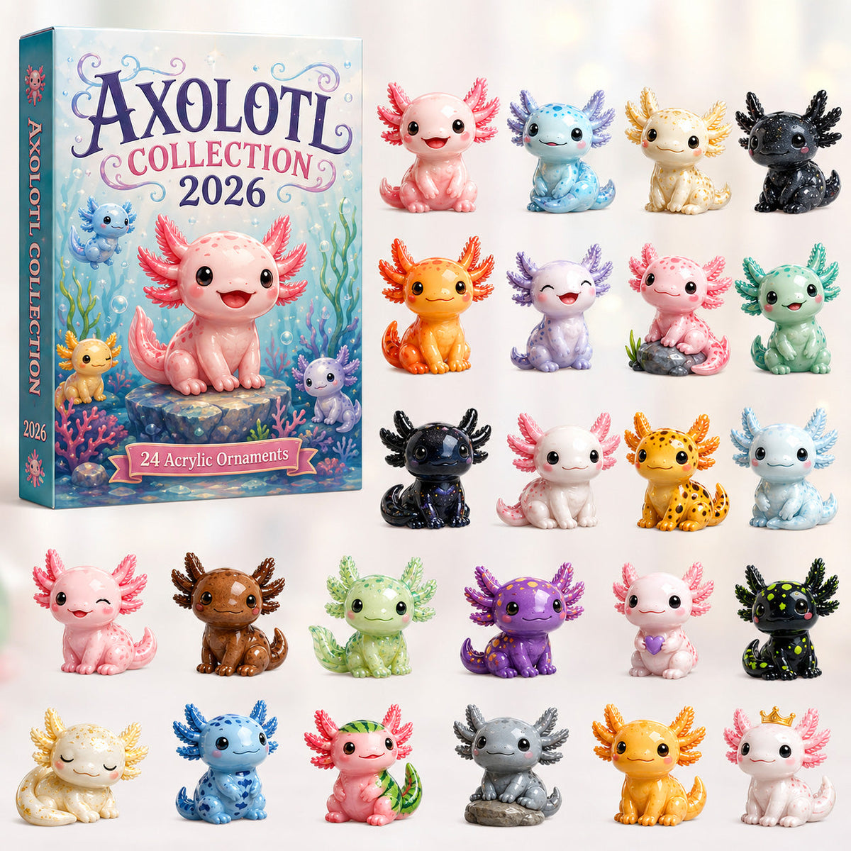 Axolotl Collection Advent Calendar 2026 - 24-Day Festive Countdown, Acrylic Charms Blind Box - Gift For Axolotl Lovers