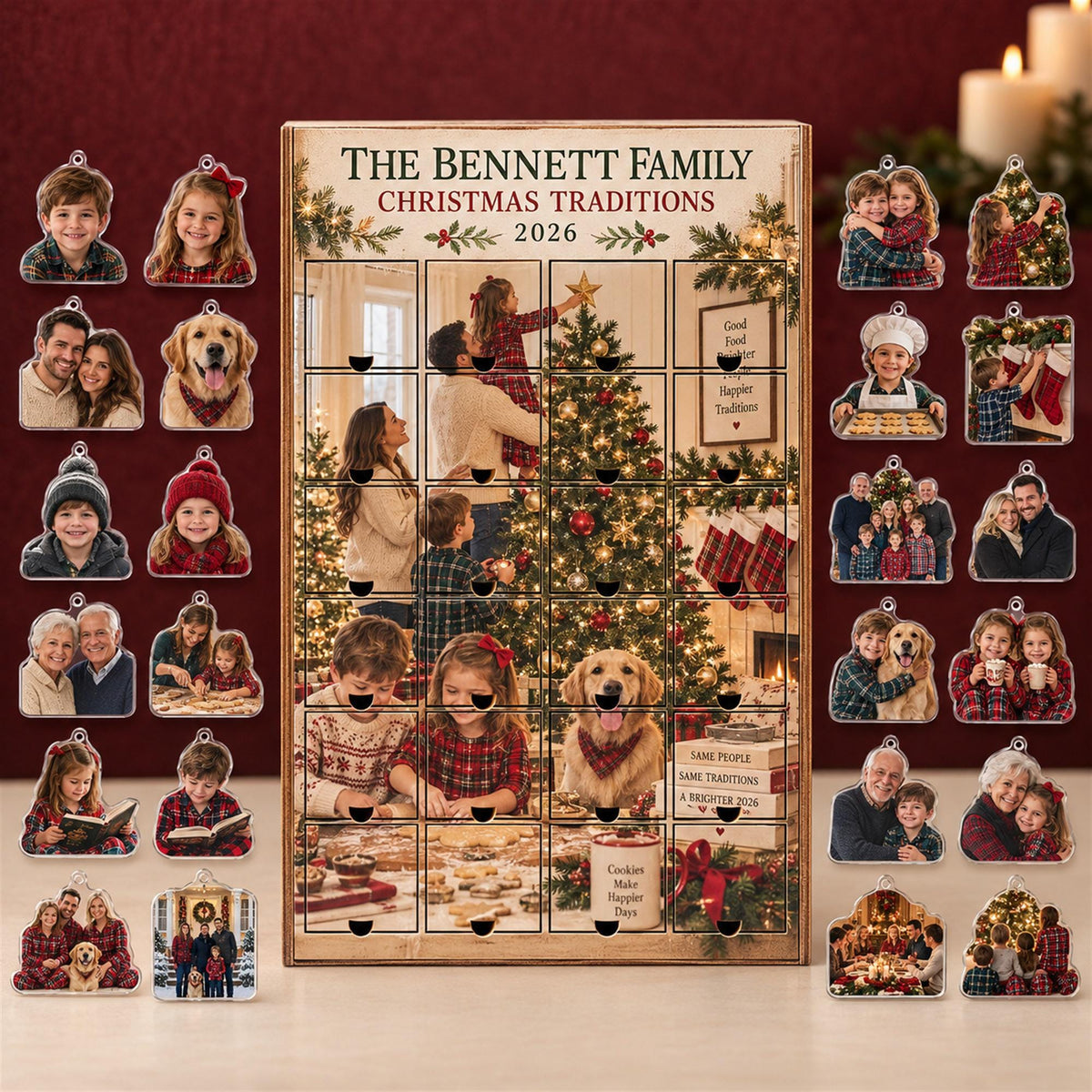 Personalized Family Advent Calendar with 24 Custom Photo Acrylic Ornaments, Christmas Traditions Gift, Custom Family Keepsake for Home