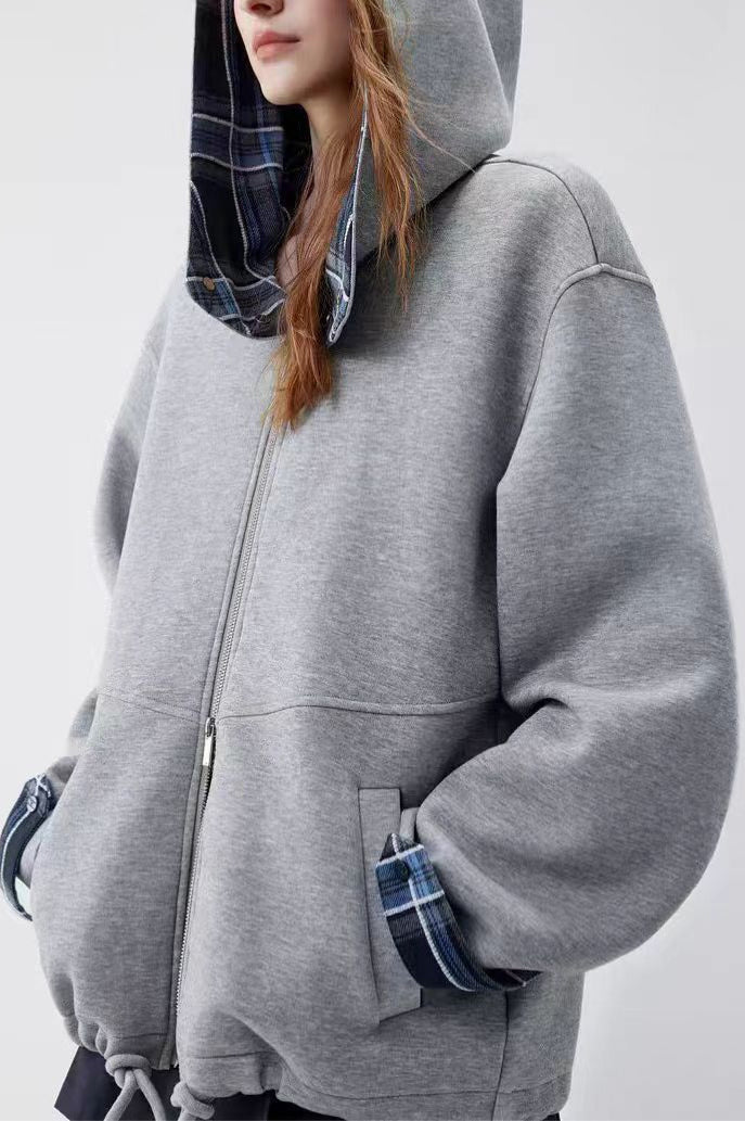 Checked Patchwork Casual Hoodie