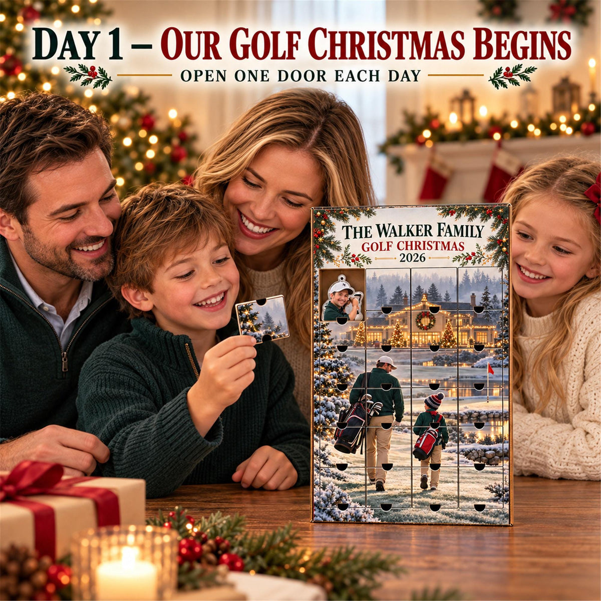 Personalized Golf Advent Calendar with 24 Custom Photo Acrylic Ornaments, Golfer Christmas Countdown Gift for Golf Dad and Family Keepsake