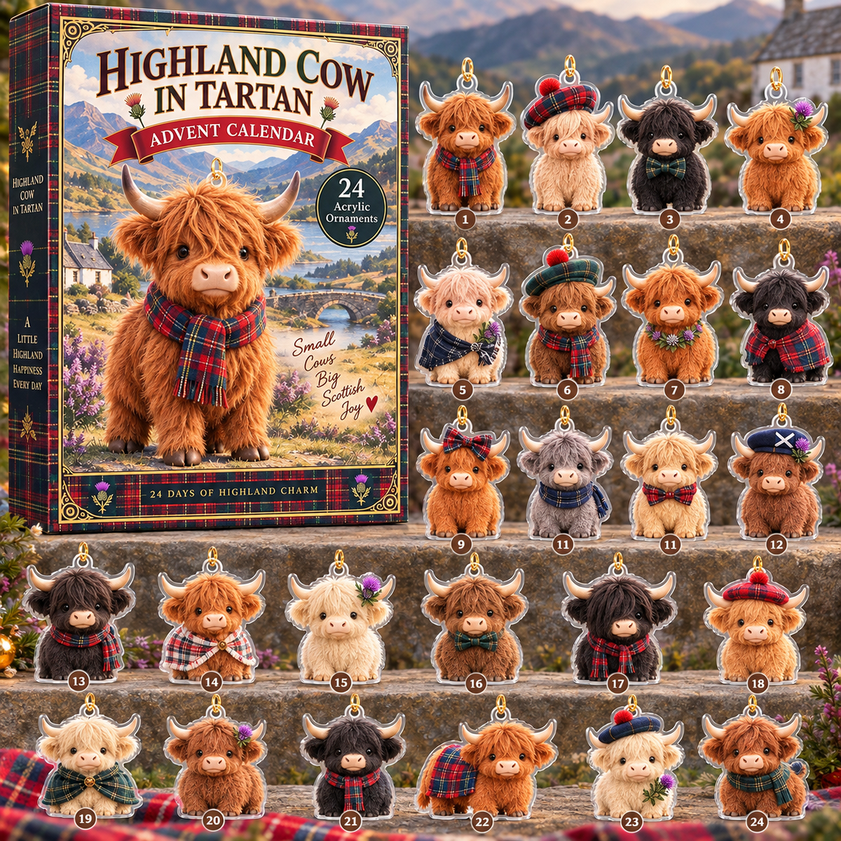 24 Days of  Highland Cow In Tartan - 2026 Advent Calendar Blind Box of 24 Ornaments