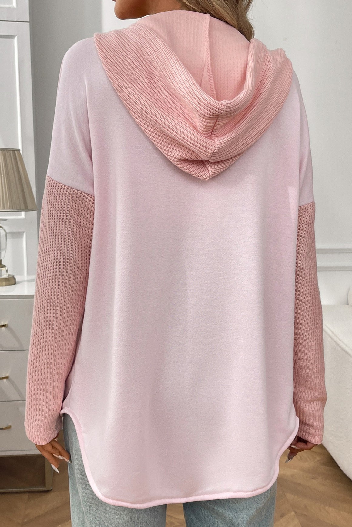 Ribbed Sleeve Patchwork Button Hoodie