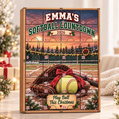Personalized Softball Advent Calendar, Wooden Christmas Countdown with Acrylic Charms, Custom Softball Player Gift, Sports Holiday Box
