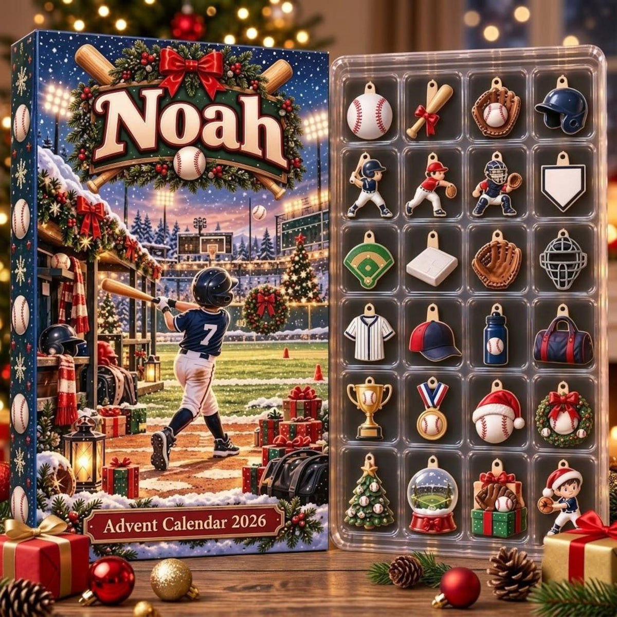 Personalized Baseball Advent Calendar 2026, 24 Sports Charms, Custom Name Christmas Countdown Gift for Baseball Players