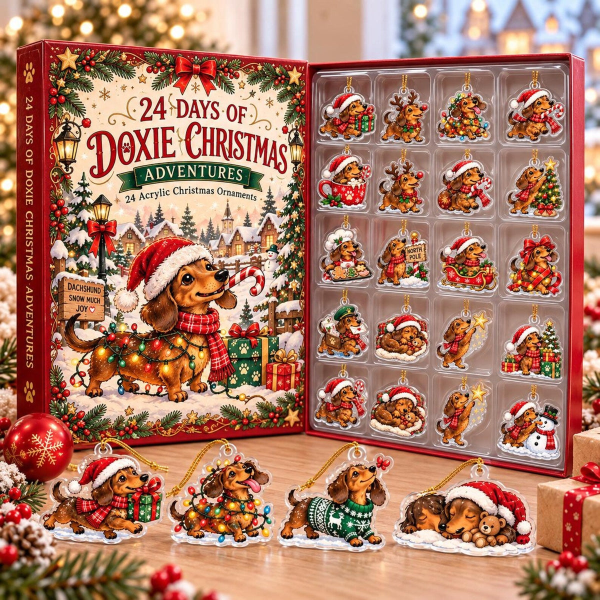 Dachshund Christmas Advent Calendar, 24 Acrylic Ornaments, 2026 Holiday Countdown