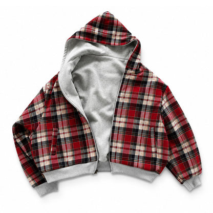 90s Plaid Grey & Red Reversible Hoodie