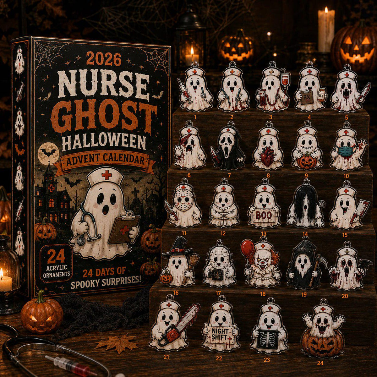 2026 Nurse Ghost Halloween Advent Calendar, 24 Spooky Surprise Acrylic Figurines, Medical Horror Collectible Holiday Gift
