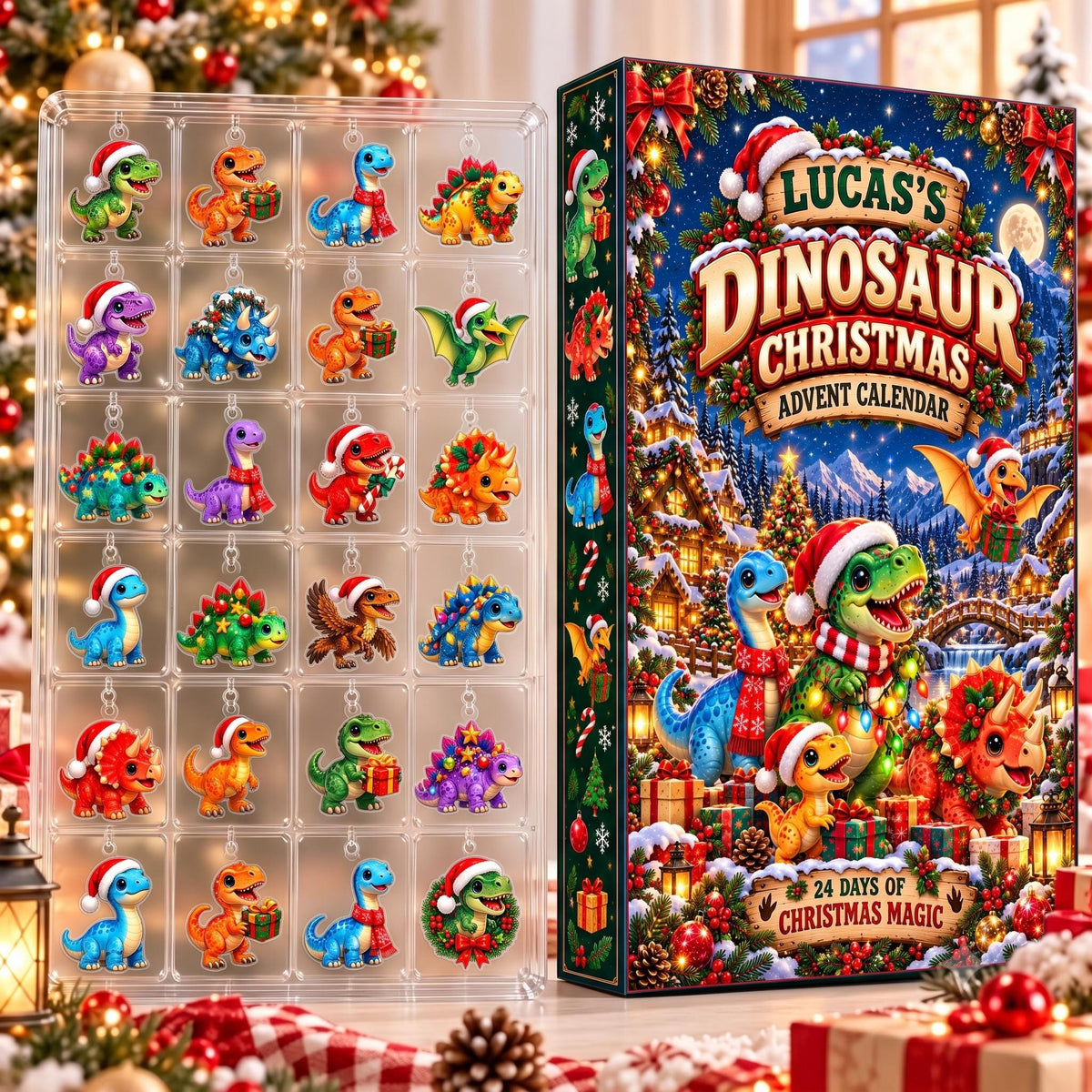 Personalized Dinosaur Christmas Advent Calendar 2026, 24 Day Dino Blind Box, Kids Holiday Countdown