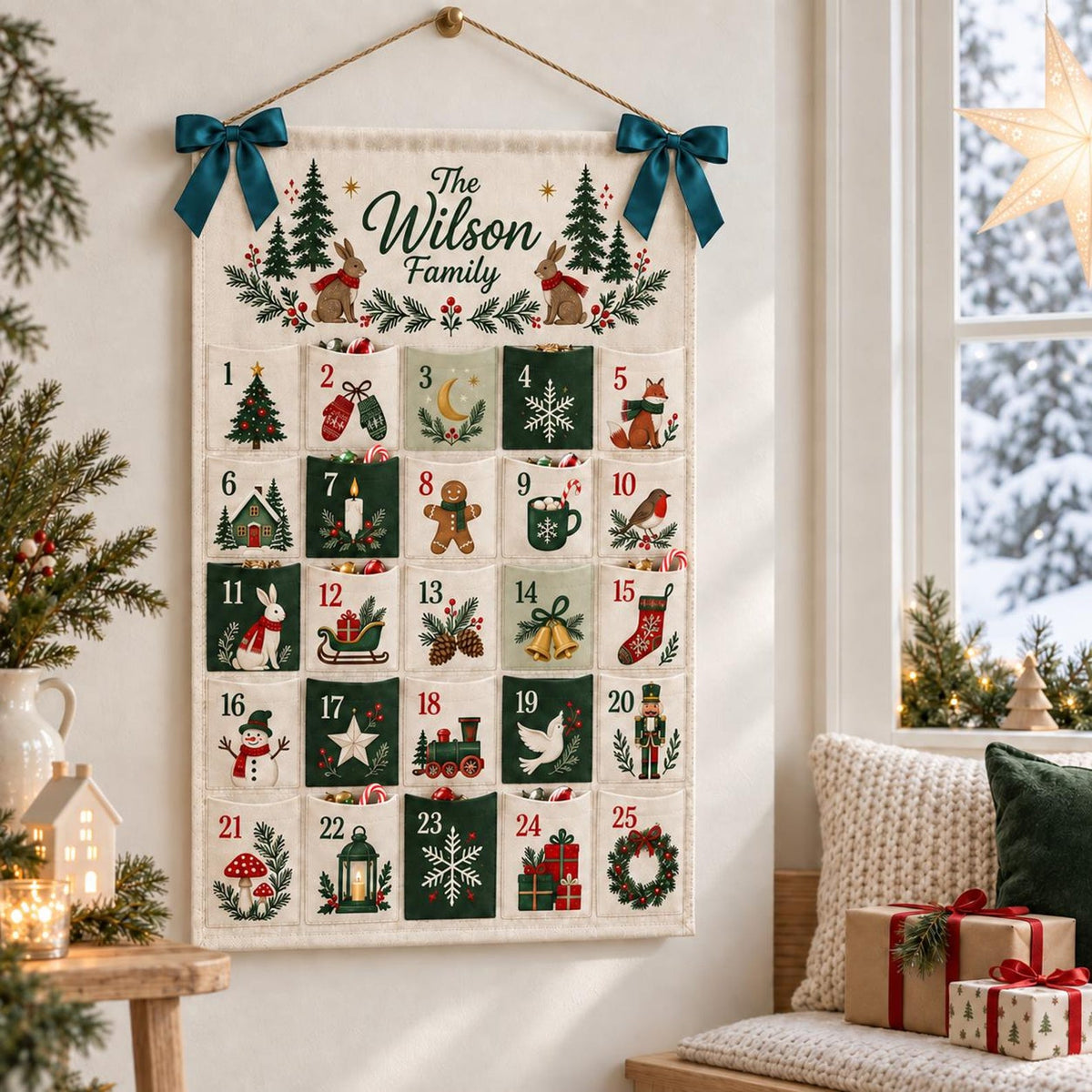 Personalized Woodland Advent Calendar, 25 Pocket Christmas Countdown, Family Name Wall Hanging