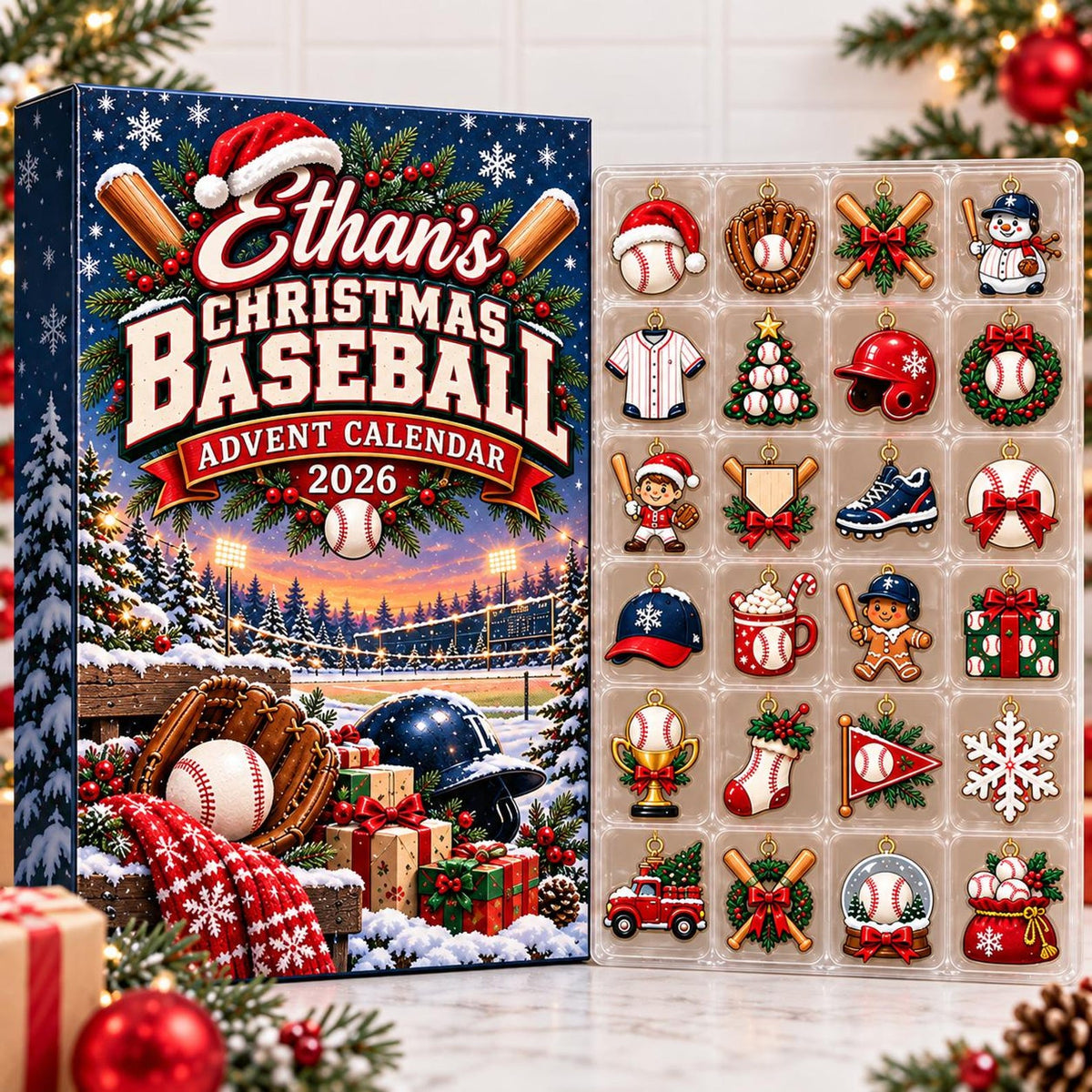 Custom Name Baseball Advent Calendar 2026, Christmas Countdown Box, 24 Baseball Charms, Personalized Holiday Keepsake, Baseball Player Gift