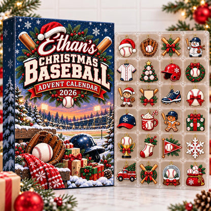 Custom Name Baseball Advent Calendar 2026, Christmas Countdown Box, 24 Baseball Charms, Personalized Holiday Keepsake, Baseball Player Gift