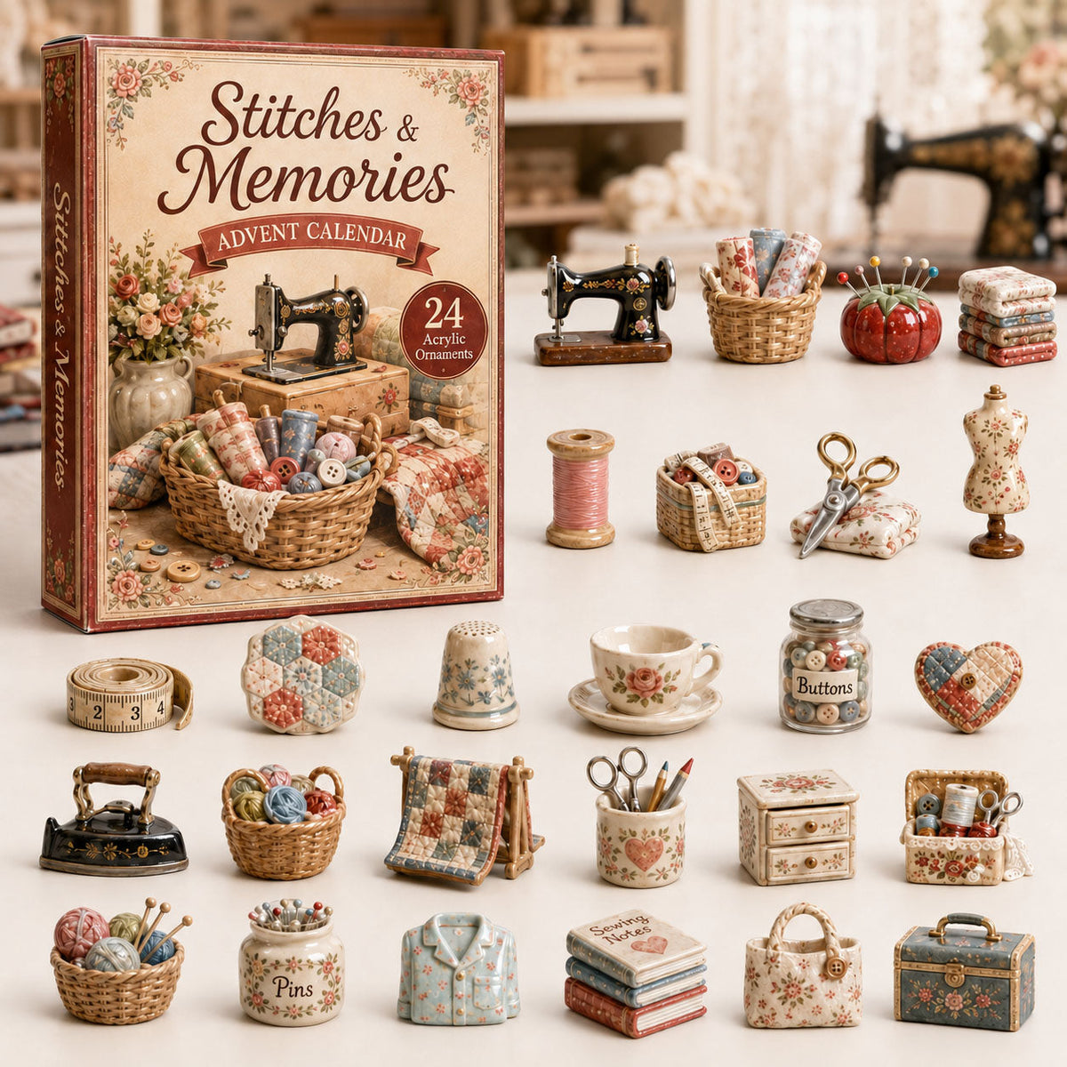Memory Sewing Advent Calendar 2026 - 24-Day Festive Countdown, Acrylic Charms Blind Box - Gift For Sewing Lovers
