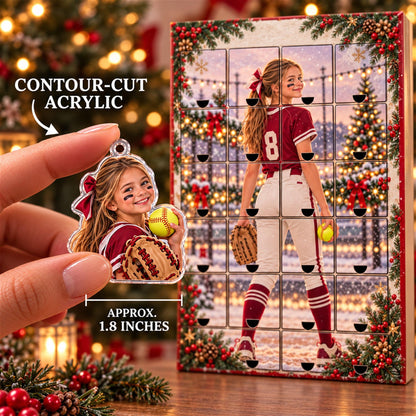 Personalized Softball Advent Calendar with 24 Custom Photo Acrylic Ornaments, Player Number Christmas Gift for Softball Family and Coach