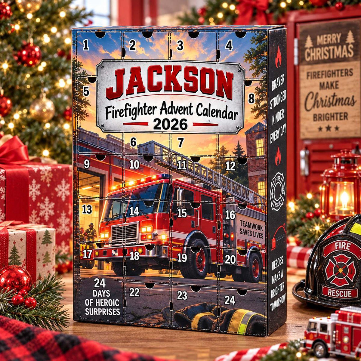 Personalized Firefighter Advent Calendar 2026, Custom Firefighter Blind Box, 24 Day Christmas Countdown with Firefighter Ornament Set