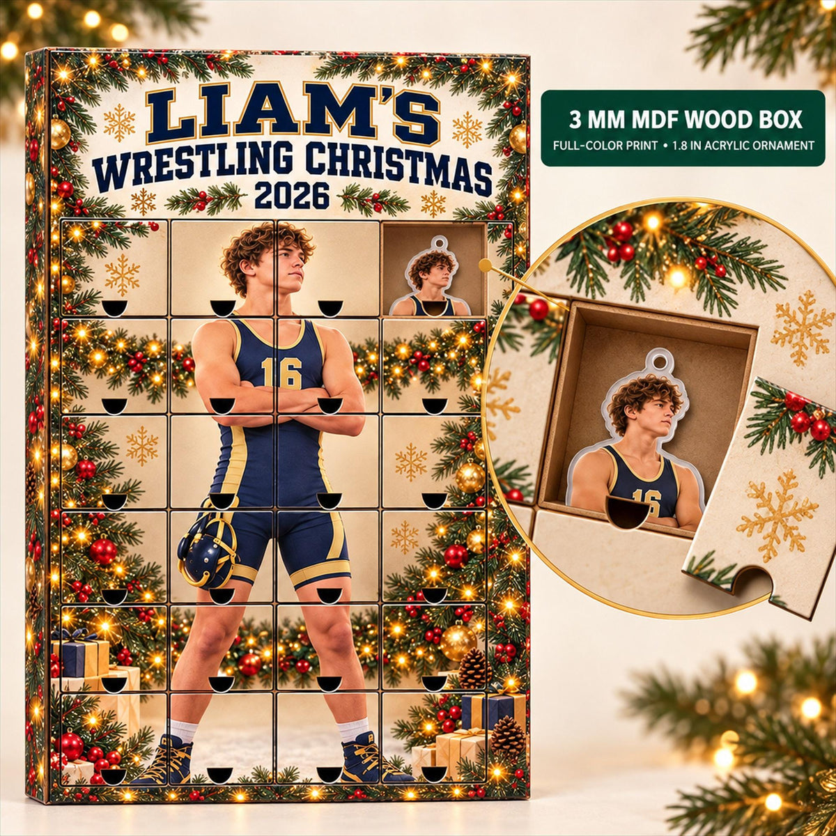 Personalized Wrestling Advent Calendar with 24 Custom Photo Acrylic Ornaments, Wrestler Christmas Gift for Athlete Family and Coach Keepsake