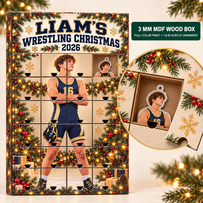 Personalized Wrestling Advent Calendar with 24 Custom Photo Acrylic Ornaments, Wrestler Christmas Gift for Athlete Family and Coach Keepsake