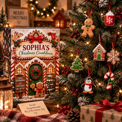 Personalized Gingerbread Advent Calendar, 24 Christmas Ornaments Countdown, Cute Holiday Decor, Custom Name Xmas Gift for Family