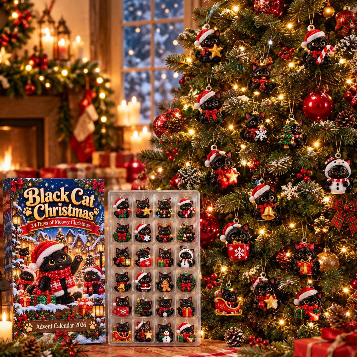 Black Cat Advent Calendar 2026, 24 Piece Black Cat Ornament Set, Blind Box Advent Calendar, Christmas Countdown Gift for Home Decor